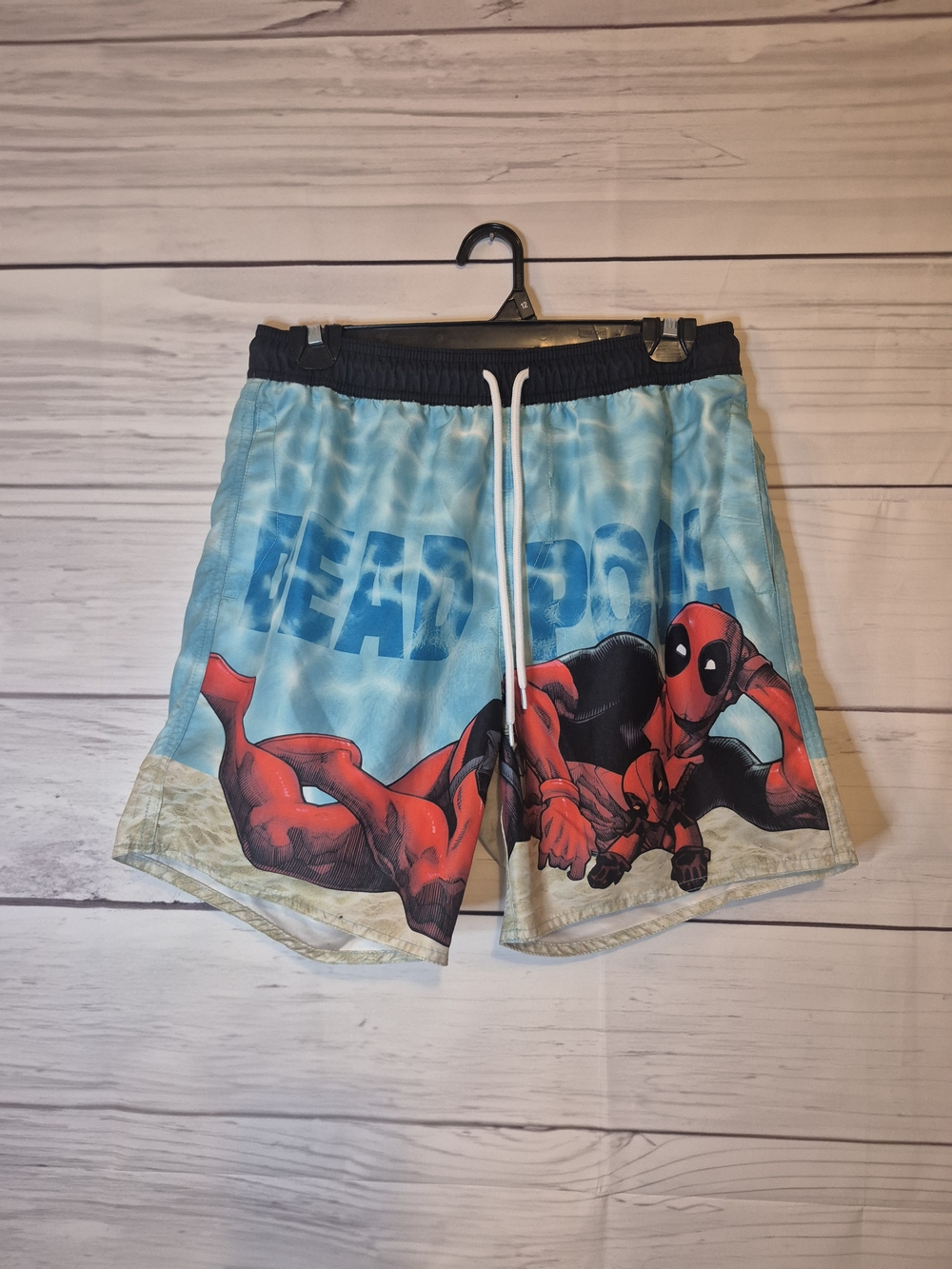 Marvel Deadpool Mens Blue and Red Beach Vacation Swim Trunks Small